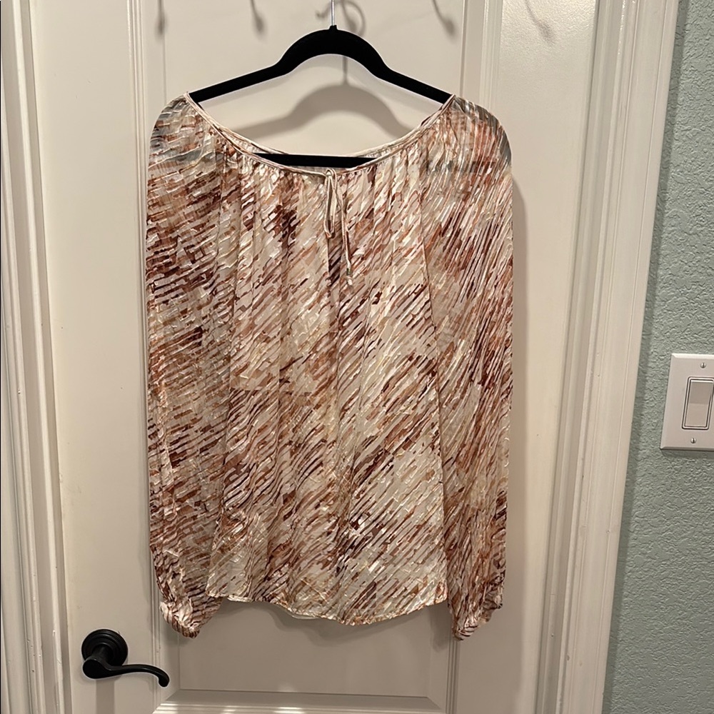 White House Black Market sz 12 Stylish Brown, Pink, and Cream Peasant Blouse